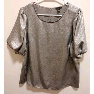 Ann Taylor Factory Metallic Silver Blouse Top M Medium Puff Sleeve Keyhole Back